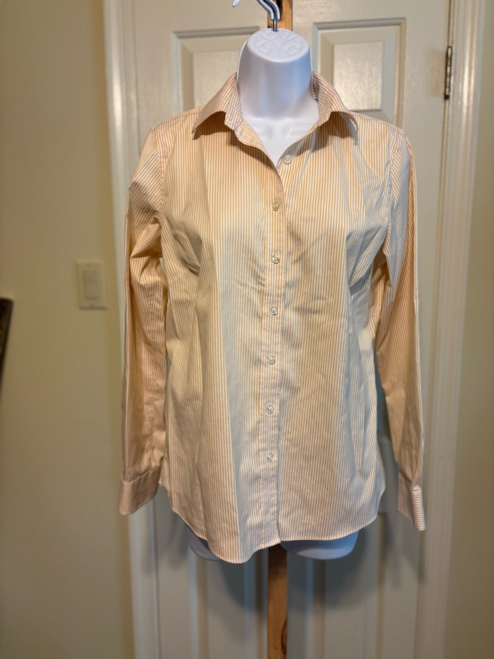 LANDS END Women's Cream and Light Orange Striped Button-Down Shirt, Size: 8